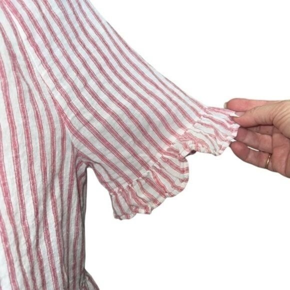 BeachLunchLounge Peplum Top Womens M Pink White Stripe Linen Blend Ruffle Sleeve - Picture 4 of 8